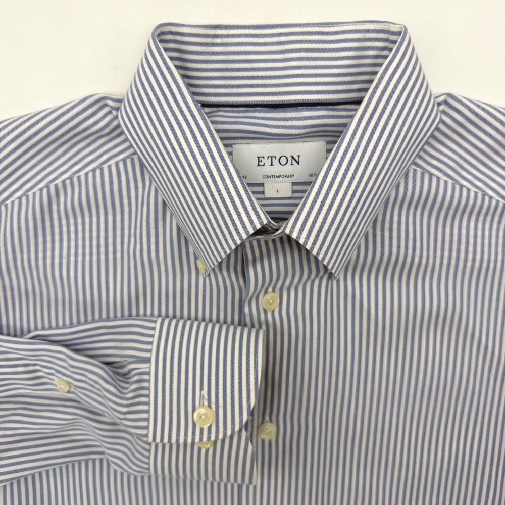 Eton Dress Shirt Mens L 16.5 Blue White Striped Contemporary Fit Button Down